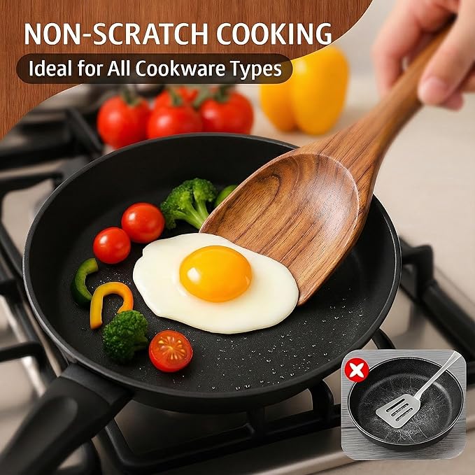 6-Piece Teak Wooden Cooking Utensil Set – Spoons and Spatulas for Nonstick Cookware, Non-Scratch Heat-Resistant Eco-Friendly Kitchen Tools
