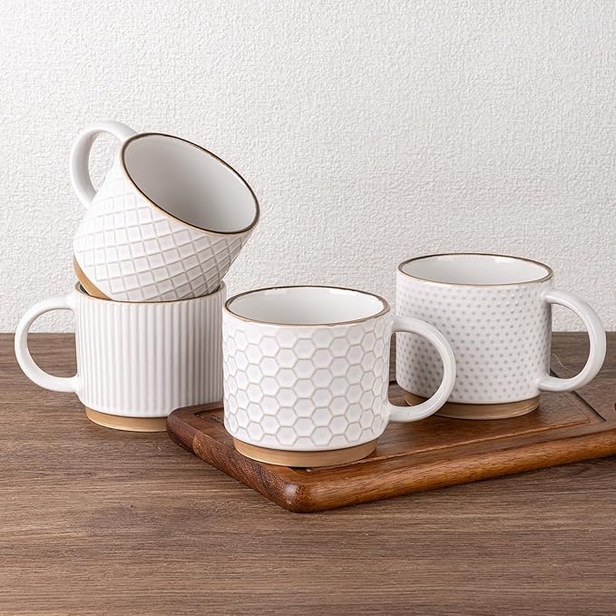 GBhome 15OZ Stackable Coffee Mugs, Ceramic Coffee Mugs with Texture Patterns for Man,Woman,Dad,Mom, Modern Coffee Mugs Set of 4 for Latte/Cappuccino/Cocoa. Dishwasher&Microwave Safe, Off White | for Man, Woman, Dad, Mom