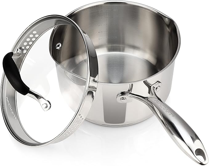 AVACRAFT Stainless Steel Saucepan with Glass Strainer Lid, Two Side Spouts for Easy Pour with Ergonomic Handle, Multipurpose Sauce Pot (5-Ply Capsule Bottom, 3.5 Quart)