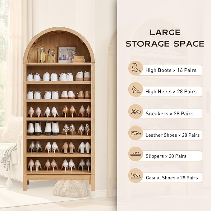 71" Tall Arched Bookshelf, 7 Tiers Arch Bookcase with Storage, Modern Farmhouse Book Shelf with Adjustable Shelves, Wood Bookshelf w/Open Display Shelves for Living Room, Office (Natural)