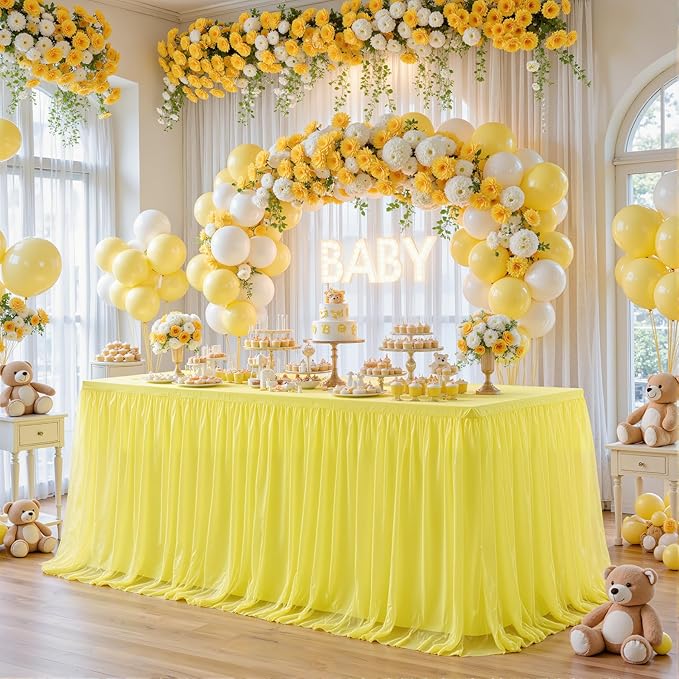 2 Pack Yellow Tulle Tablecloth for 8 Foot Rectangular Tables 8ft Yellow Rectangle Table Cloths Wrinkle Free Table Cover with Tutu Skirt for Birthday Cocktail Banquet Buffet Lemon Fruit Party Decor