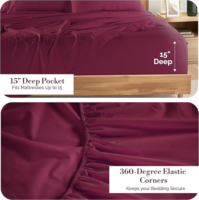 Casa Platino Split King Size Sheet Set – 7 Piece Cooling Sheets Split King Size 100% Cotton Crisp Percale Sheets with Breathable & Cozy Feel, 15" Deep Pocket Fitted Sheet for Secure Fit – Windsor Wine