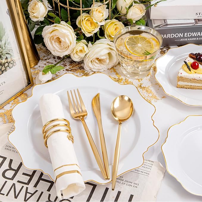 WDF 350PCS White and Gold Plastic Plates - Gold Plates Disposable 50Guest Plastic Dinnerware Ideal for Party/Wedding/Birthday/Valentine's Day