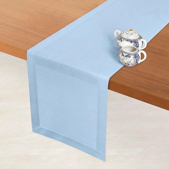 D'Moksha Homes Linen Powder Blue Table Runner 108 Inches Long - 100% Pure Linen Dining Table Runner 14 x 108 Inch for Spring, Easter - Machine Washable
