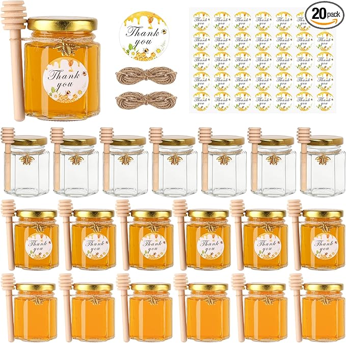 BIGIVACA 3 oz Mini Honey Jars - 20 Pack Hexagon Glass Jars with Wood Dippers, Gold Lids, Bee Pendants, Jutes, Stickers for Wedding Favors, Party Favors, Candle Making