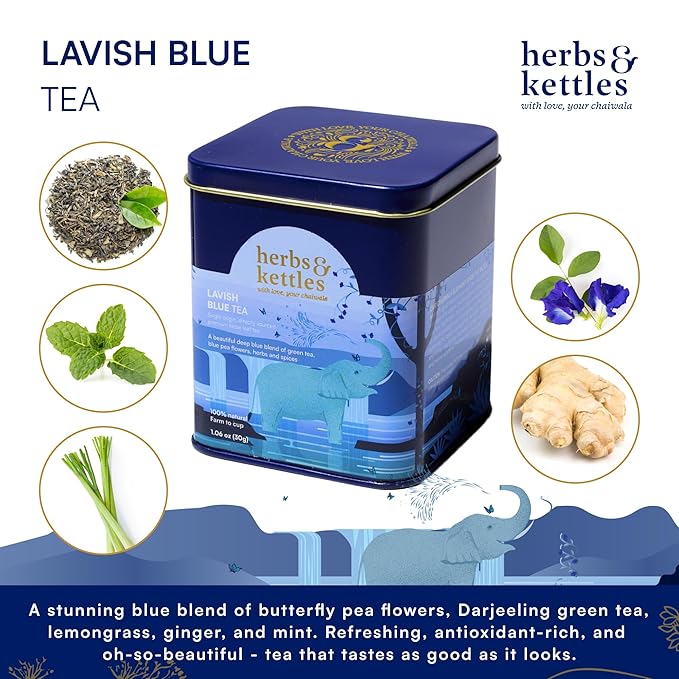 Herbs & Kettles Lavish Blue Tea | Butterfly Pea Flower Tea with Darjeeling Green Tea, Lemongrass, Ginger & Mint | Color-Changing Herbal Loose Leaf | Antioxidant Rich, Stress Relief & Skin Glow | Premium Tea Gift