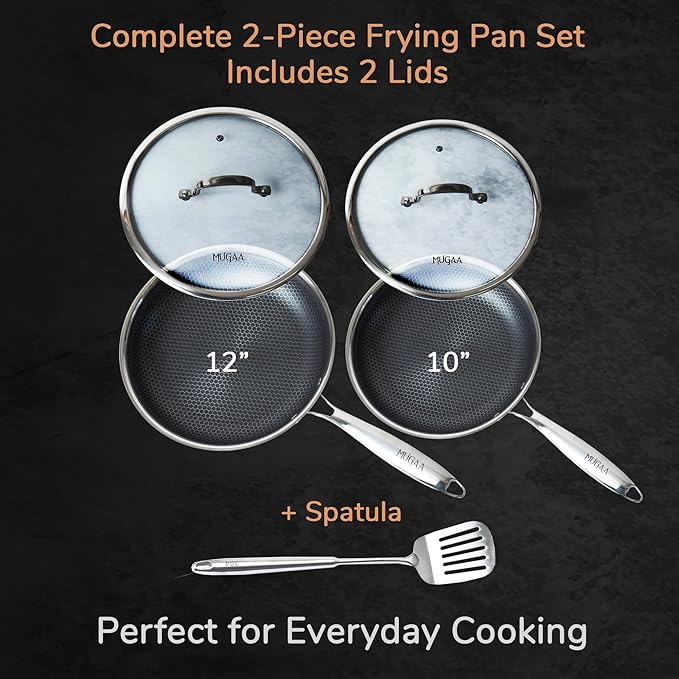 Stainless Steel Frying Pan Set, Sartenes de Acero Inoxidable 2-Piece Honeycomb Nonstick Skillets 10", 12" With Lids, Spatula, Oven & Induction Compatible, Dishwasher Safe Pan Set