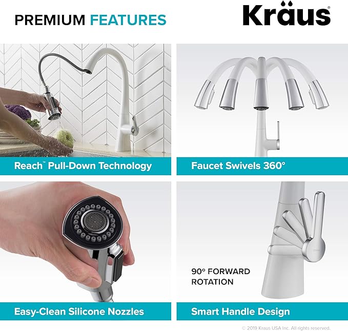 Kraus KPF-1673CHWH Nolen Dual Function Pull, Faucets for Kitchen Sinks, Single-Handle, 16 3/8 Inch, Matte White/Chrome