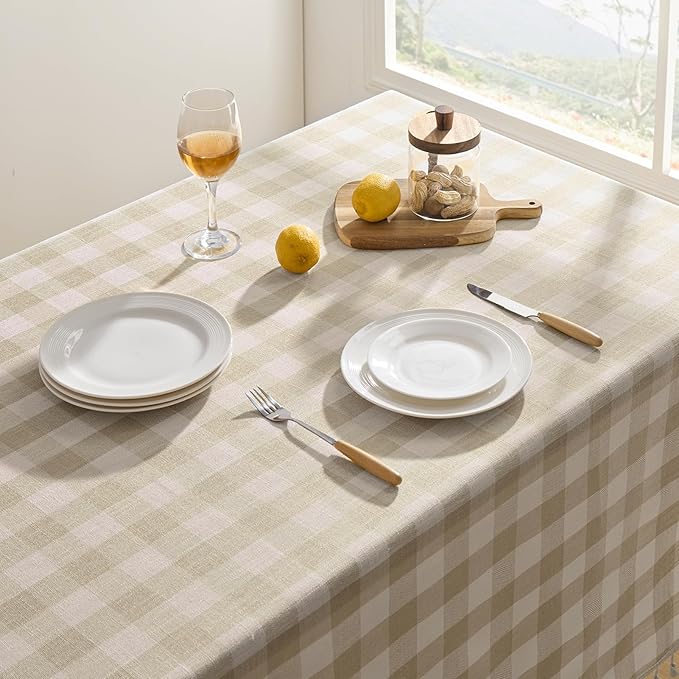 Softalker Checkered Tablecloth Square, Outdoor Linen Cotton Gingham Table Cloth with Tassel, Heavy Duty Wrinkle Free Buffalo Plaid Table Cover for Kitchen Dining Home Party - 55 x 55 Inch, Beige
