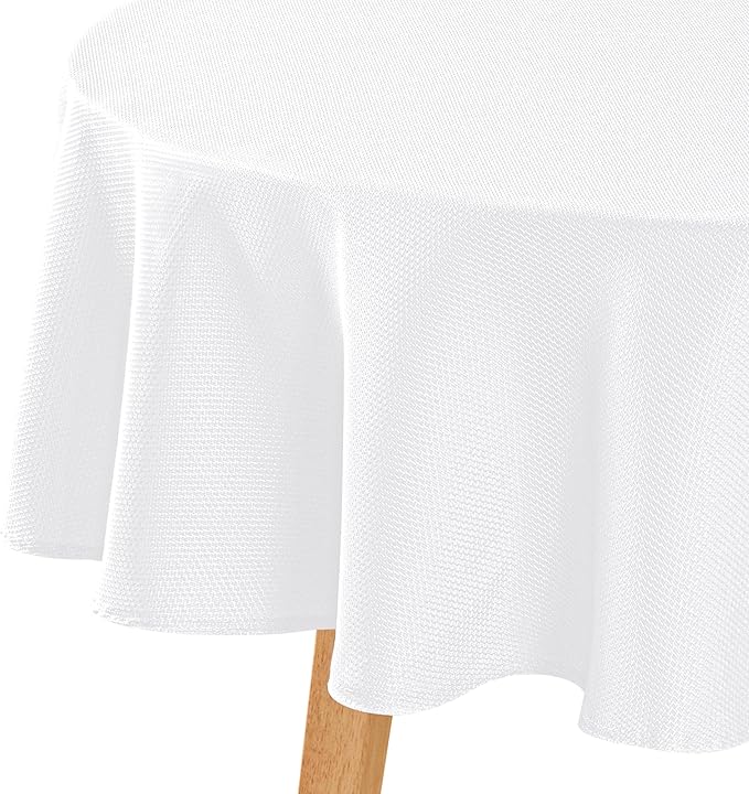 Hiasan Round Textured Tablecloth 90 Inch - Waterproof Spillproof Antiwrinkle Jacquard Abrasion-Resistant Table Cloth, Decorative Polyester Table Cover for Kitchen Dining Party Wedding Camping, White