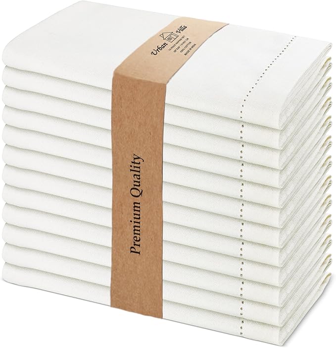 Urban Villa Cloth Napkins Ivory Hemstitch Dinner Napkins Set of 12 (20X20) 100% Cotton Absorbent Washable Durable Reusable Ideal for Hotel Collection Farmhouse Parties Restaurant Lunch Dinner Napkins