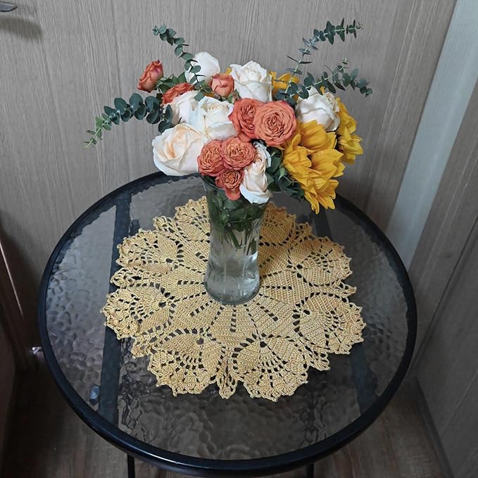 BIBITIME Tulip Flower Doilies Lace Doilies Kitchen Table Doily Mats Tablecloth Handmade Crochet Placemats Vase Dish Plate Mat (1 PC- 15 inches- 16 inches, Champagne)