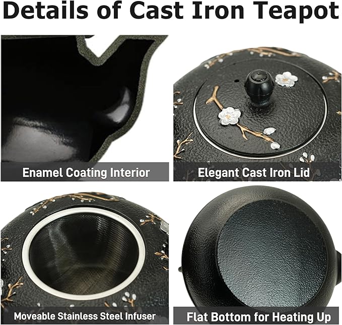 YJX 60.9oz Large Cast Iron Teapot for Stovetop, Japanese Tetsubin, Heavy and Durable Tea Pot, Tea Kettle with Stainless Steel Infuser for Loose Tea, Floral Pattern(1800ML)