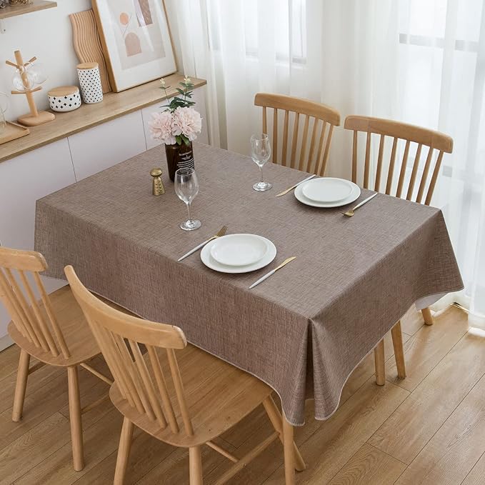 Pioggia Vinyl Tablecloth with Flannel Backing Rectangle Waterproof Oil-Proof Plastic Table Cloth Wipeable PVC Table Cover for Indoor and Outdoor (Linen, 60 x 84 Inch)