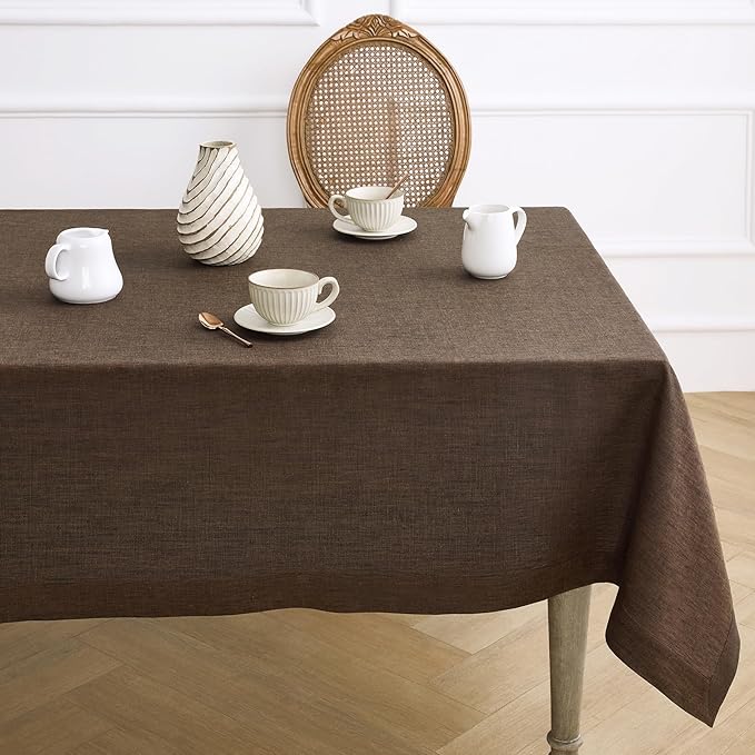 Solino Home Linen Tablecloth 60 x 120 Inch - 100% Pure Linen Chambray Brown Table Cloth for Rectangle Tables - Athena, Machine Washable Tablecloth