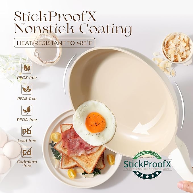 PRICUSIS 8Pcs Nonstick Ceramic Frying Pan Set, 8+10+12 Inch Induction Compatible with Stay Cool Handle, Fully Coated, 100% Dishwasher Safe, Healthy PTFE PFAS & PFOA Free Omelet Pans (Coconut White)