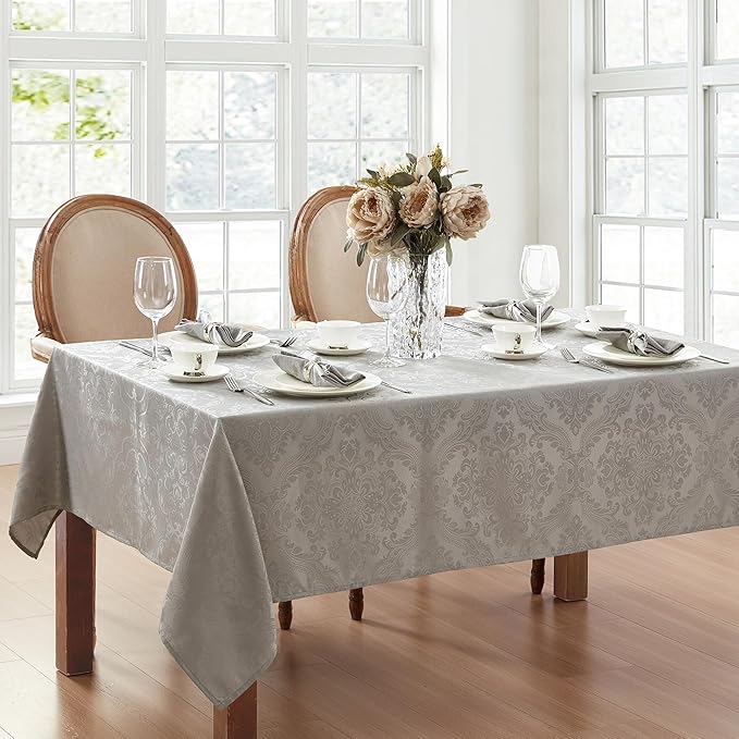 Elrene Home Fashions Caiden Elegance Damask Waterproof, Stain & Wrinkle Resistant Fabric Tablecloth, 60" x 144" Oblong/Rectangle, Silver
