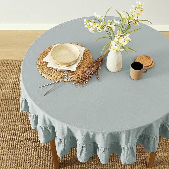 MONDAY MOOSE Ruffle Farmhouse Rustic Round Natural Stonewashed Cotton Tablecloth for Kitchen, Dining Room, Restaurant (60" Round, Slate Blue)