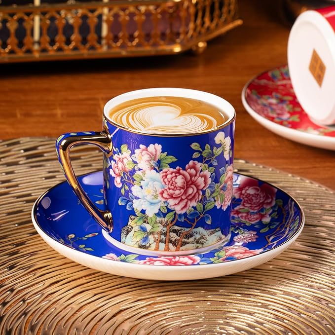 KAMMAK Tea Cups and Saucers Set of 2, Porcelain Coffee Cups with Saucer for Espresso, Cappuccino, 7.5oz Vintage Red and Blue Ceramic Novelty Mug for Home, Tea Party, Office