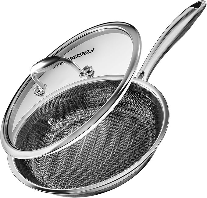 FogDream 10” Non Stick Frying Pans, Stainless Steel Skillet with Lid, Tri-Ply Stainless Steel for All Cooktops, Dishwasher and Oven-Safe Cooking Pan, Stay-Cool Handle, Silver