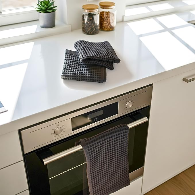 PÜSKÜL Organic Waffle Kitchen Towel 100% Turkish Cotton Set of 3 Dark Gray - Premium Quality, Soft, Quick-Dry, Absorbent, Lint-Free Hand Towels 32X16 Inches (3, Dark Gray)