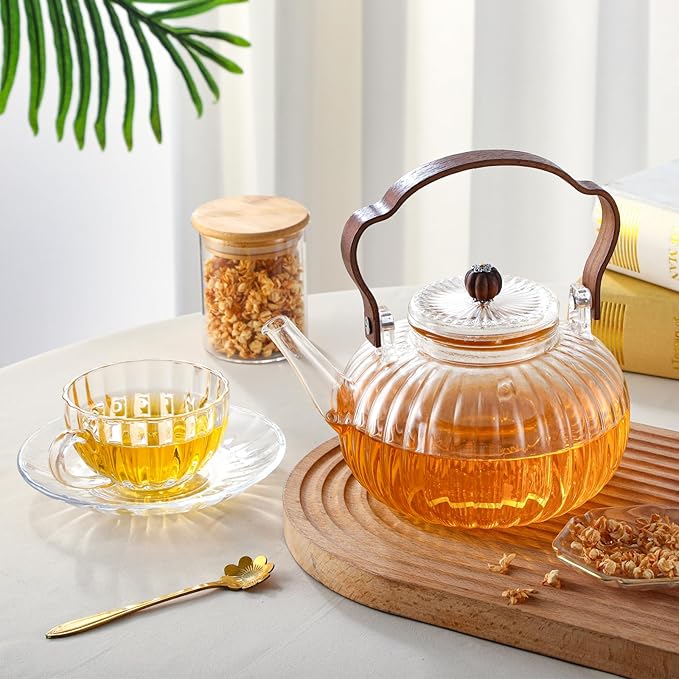 40OZ/1200ML Glass Pumpkin Teapot with Removable Infuser & Lid, Stovetop & Microwave Safe Clear Borosilicate Glass Tea Maker Water Kettle for Loose Leaf Blooming Tea