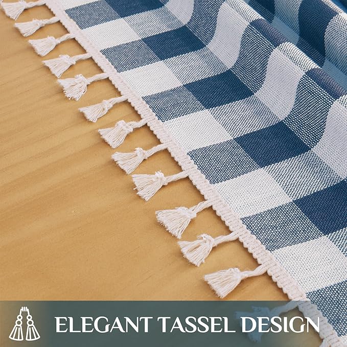 Softalker Checkered Tablecloth Square, Outdoor Linen Cotton Gingham Table Cloth with Tassel, Heavy Duty Wrinkle Free Buffalo Plaid Table Cover for Kitchen Dining Home Party - 55 x 55 Inch, Navy