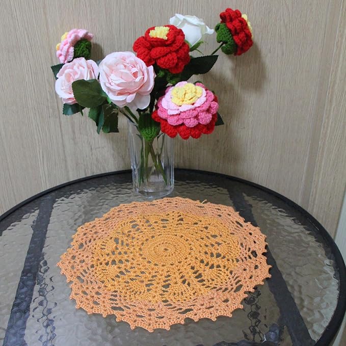 BIBITIME Lace Doilies Crochet Handmade Lace Coasters Round Placemat Rustic Table Doilies Decors for Kitchen Dining Room Party Dressers (11 inches to 12 inches,Pack of 2 PCS, Orange)
