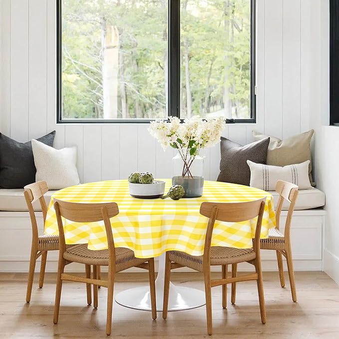 Hiasan Checkered Round Tablecloth 70 Inch - Waterproof & Wrinkle Resistant Washable Fabric Spring Table Cloth for Dining Room Party Outdoor Picnic, Yellow and White