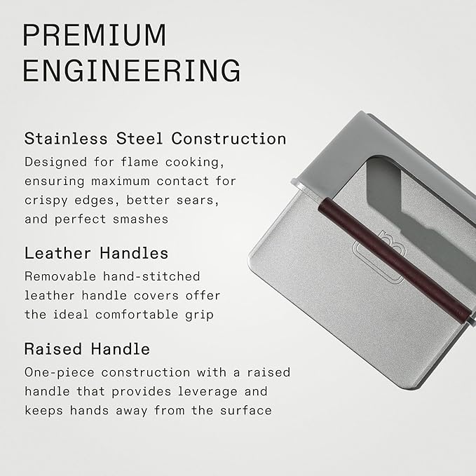 Made In Cookware - Stainless Steel Grill Press - Removable Leather Handle Cover - Crafted in Sweden