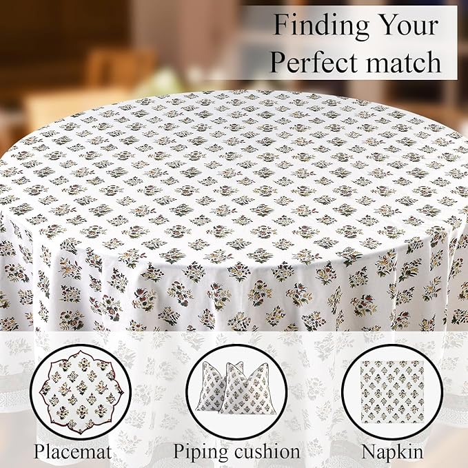 CPC Round Tablecloth- Cotton Indian Block Print Tablecloth -Handmade Printed Washable Cotton Table Cloth - Spring/Summer, Wedding Table Cover - Fall Green 90 Inch