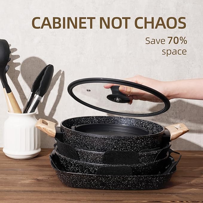 23PCS Ceramic Nonstick Cookware Set, Nonstick Detachable Handle Ceramic Cookware, Induction Kitchen Cooking Set with Removable Handle,include Frying Pans & Saucepans Oven Safe(Black)