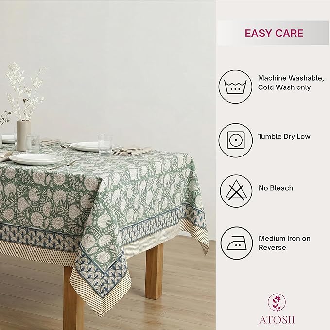 ATOSII Jade 100% Cotton Boho Square Summer Tablecloth, Block Print Floral Table Cloth Linen for Dining, Parties, Weddings, Outdoors Table Decor I 60 X 60 Inches I 4 Seater I