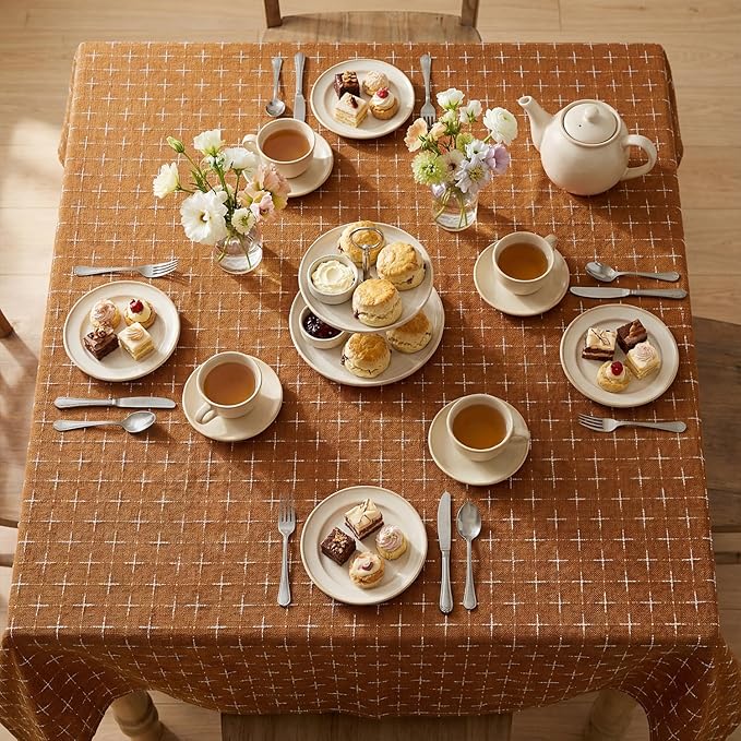 Horaldaily Caramel Squae Table Cloth, Cross-Star Solid Textured Embroidery Tablecloth, Wrinkle Free Washable 60×60 Inch Table Cover for Kitchen, Party, Wedding, Picnic, Outdoor