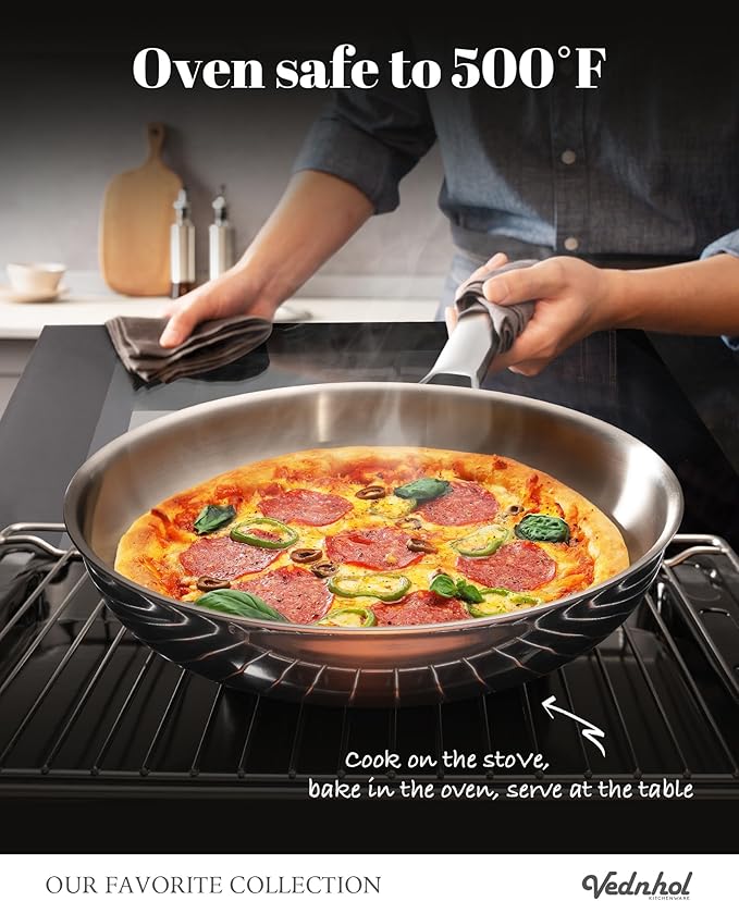 Stainless Steel Pan with Lid,12 Inch Stainless Steel Frying Pan,Tri-Ply Stainless Steel Skillet,Steel Pan for Cooking,PFOA&PTFE Free,Dishwasher and Oven Safe,Induction&All Stove Compatible