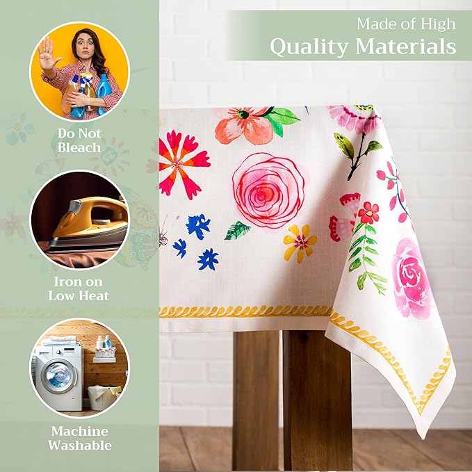 Maison d' Hermine Table Cloth Square Table 100% Cotton 54 x 54 Inches Tablecloth Reusable Decorative for Dining Room Farmhouse Home Valentines Day Decorations Spring Summer - Happy Florals - Sweety
