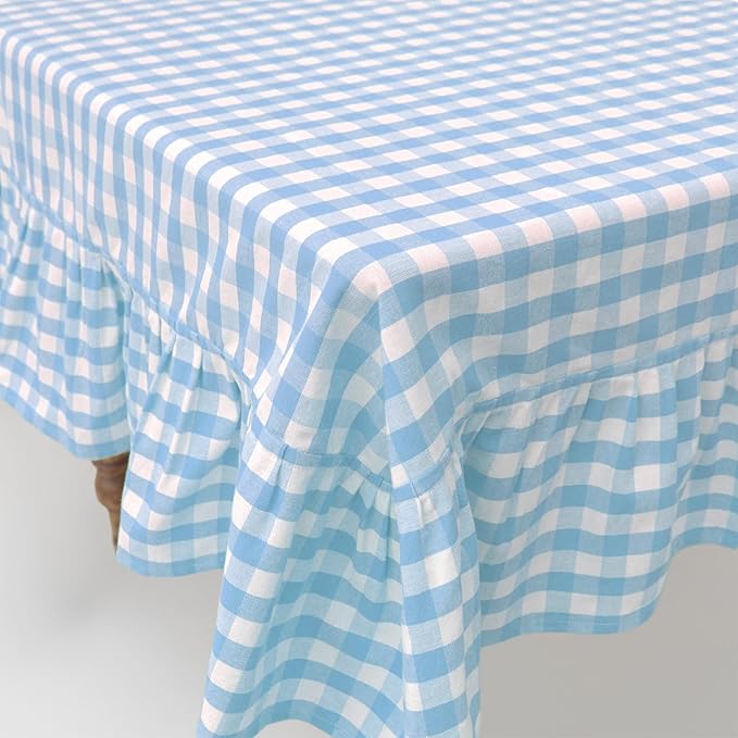 60x90 in Cotton Tablecloth with Ruffled Hem – Rectangular Farmhouse Dining Table Cover for Kitchen, Weddings, Parties, Indoor or Outdoor Picnic and Everyday Decor – Blue Checkered