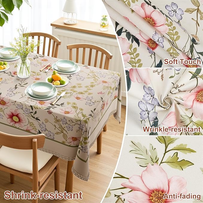 French Vintage Floral Tablecloth Rectangular, Linen Table Cloth with Flowers and Leaves Pattern, Waterproof Decor Table Cover with lace for Dining Party Holiday, 60"x 84"