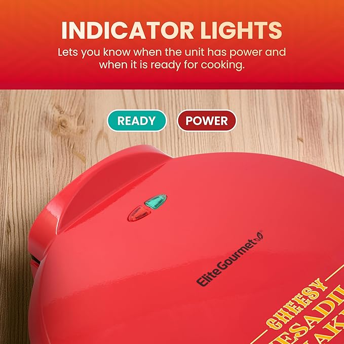 Elite Gourmet EQD-118 Electric Non-Stick 11" Quesadilla Maker, Easy-Slice 6-Wedge, Grilled Cheese Corn Flour Tortilla Snacks, Red