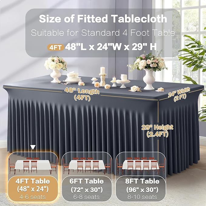 2 Packs Grey Spandex Tableclothes for 4 Foot Rectangle Table, Spandex Table Covers 4FT Stretch Table Skirts Wrinkle Free Fitted Table Cloth for Event, Wedding, Banquet & Parties