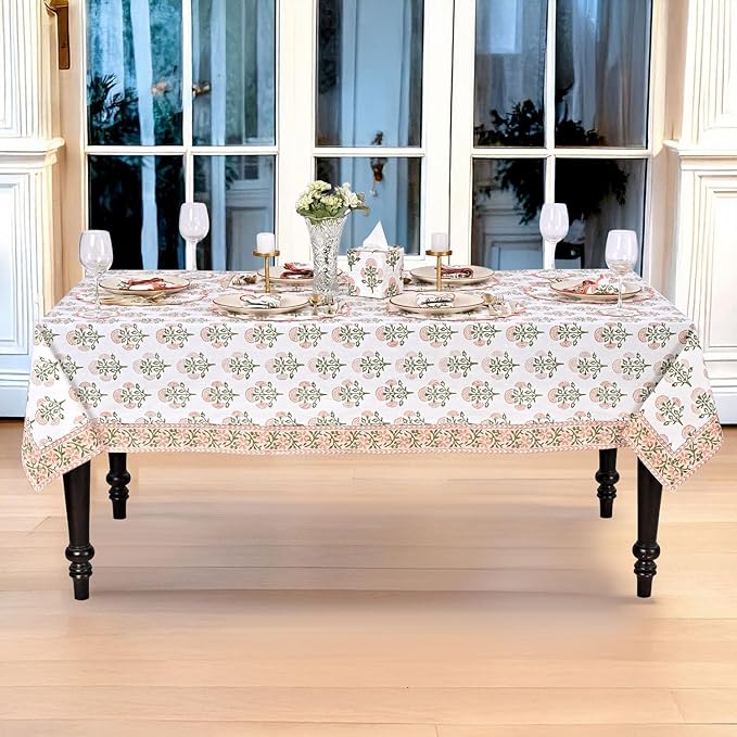 Ridhi Hand Block Print Mughal Buta Peach Rectangle Cotton Tablecloth 108" x 70" Reusable Table Cover Decorative Everyday Use for Dining, Farmhouse, Home Gift for Spring, Easter, Valentine