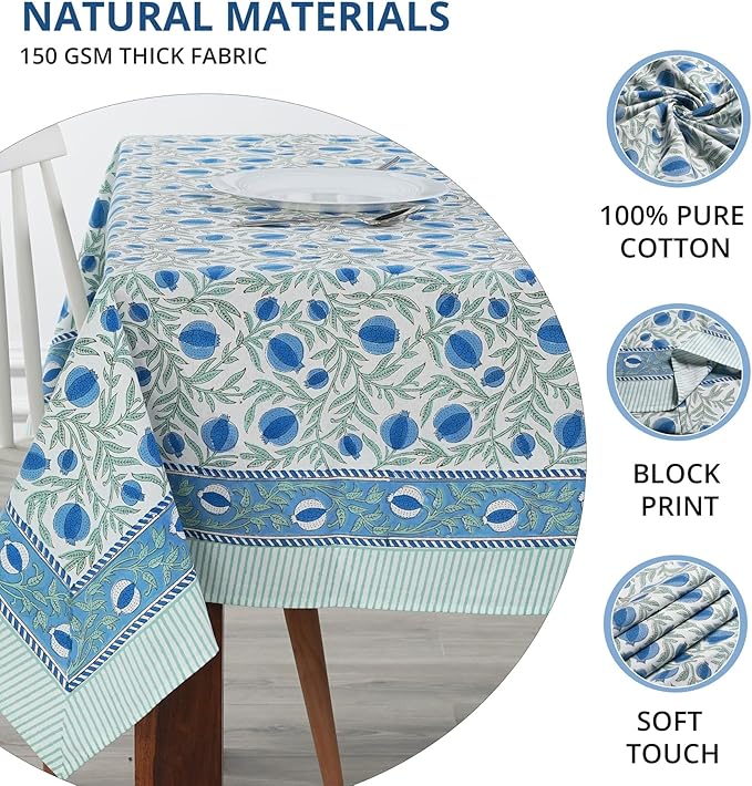 Ridhi Hand Block Print Queen Blue Rectangle Cotton Tablecloth 102" x 48" Reusable Table Cover Decorative Everyday Use for Dining, Farmhouse, Home Gift for Spring, Easter, Valentine