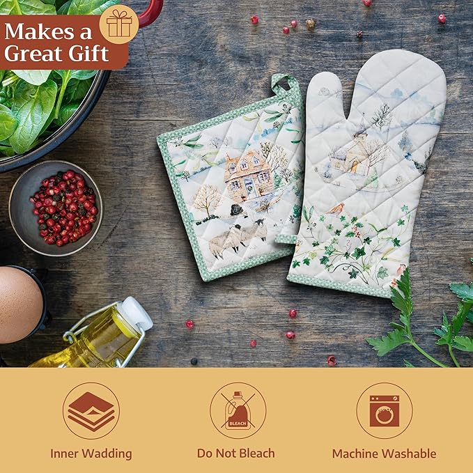 Maison d' Hermine Oven Gloves 100% Cotton Oven Mitt 7" x 13" with Loop Heat Resistant BBQ Cooking Gloves for Thanksgiving Christmas Decorations Baking Handling Hot Pans (Pack of 1, Snowy World)