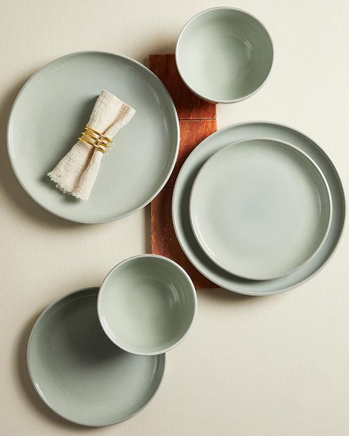 Santorini Mist Terracotta Reactive Glaze Plates and Bowls Sets, Stoneware Dinnerware Sets, Microwave and Dishwasher Safe Ceramic Dish Set Service for 4, Slate Green