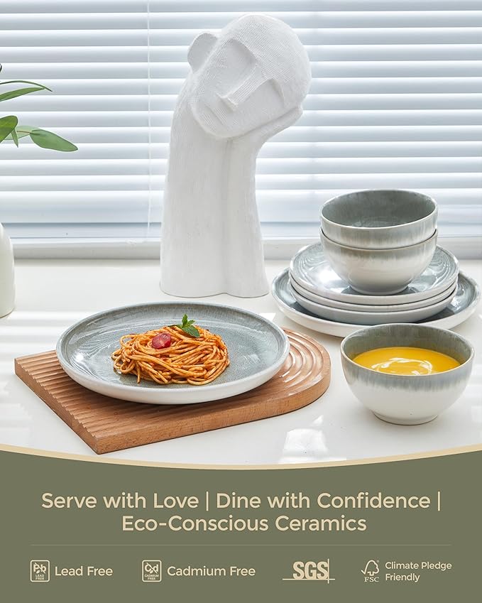 Ceramic Dinnerware Sets for 6, 18 Pieces Stoneware Plates and Bowls Sets, Chip and Stain Resistant Modern Dishes, Dishwasher & Microwave Safe Dinner Set, Gradient Green