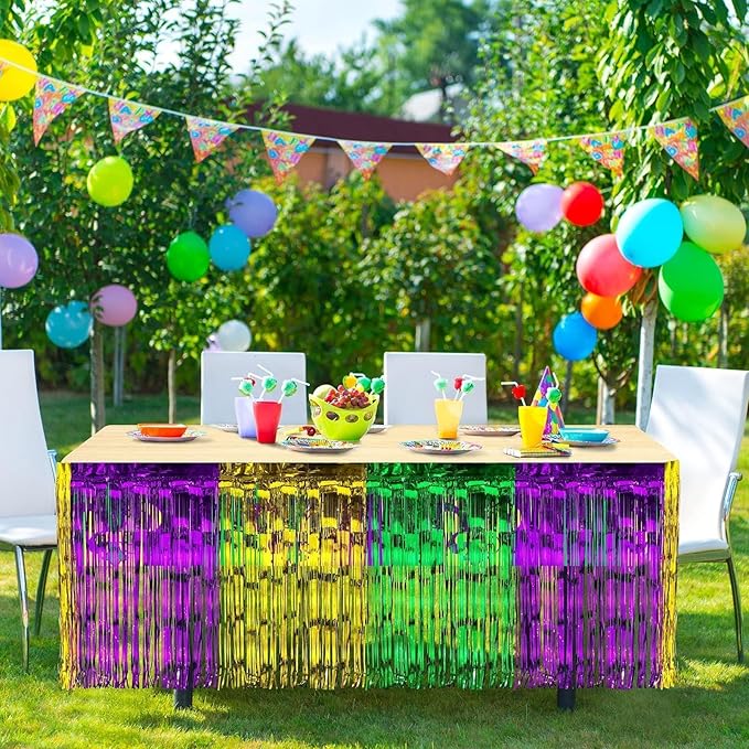 ADXCO 2 Pack Mardi Gras Metallic Foil Fringe Table Skirt Disposable Tinsel Table Skirt Banner Garland for Rectangle Round Tables, Mardi Gras Decoration, Gold Green Purple
