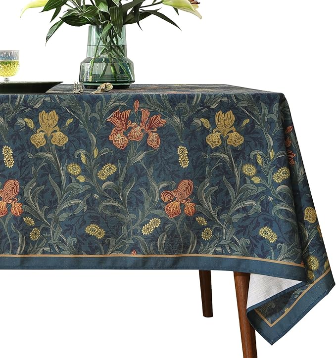 patdrea Designer Dark Blue Linen Rectangle Tablecloth,Vintage French Rustic Floral Pattern Tablecloths,Decorative Table Cover Cloth for Kitchen,Dining,Tea Party,Home,Christmas,63"*102"
