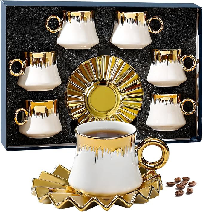 AstraLoom Turkish Coffee Cup Set - 6 Small 3oz Ceramic Demitasse Cups with Saucers, Gold-Plated Rim, for Espresso & Turkish Coffee