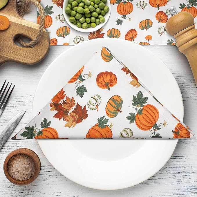 Urban Villa Christmas Napkins Pumpkin Print Cloth Napkins Set of 12 Premium Quality Dinner Napkins Cotton Oversized 20X20 in Cloth Napkins with Mitered Corners Ultra Soft Quality Dinner Napkins