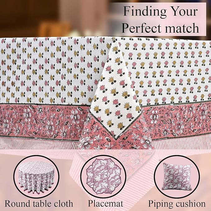 CPC Rosette Bloom Tablecloth 100% Cotton 70x108 Inch Indian Block Print Rectangle Table Cover, Table Cloth for Gifting in Weddings, Halloween, Fall, Christmas, Thanksgiving